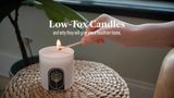 Person lighting a low-tox candle with text about their benefits.