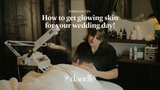 Woman laying on a spa table at Dandle spa in chattanooga, getting a facial. text overlay about how to get glowing skin on your wedding day.