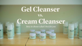 Display of Dandle products with text comparing gel cleanser to cream cleanser on a light green background.
