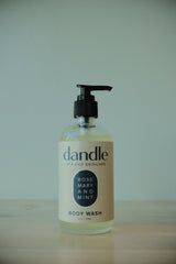 Bottle of dandle organic body wash with a pump on a neutral background. Soap made with essential oils. all-natural hand soap