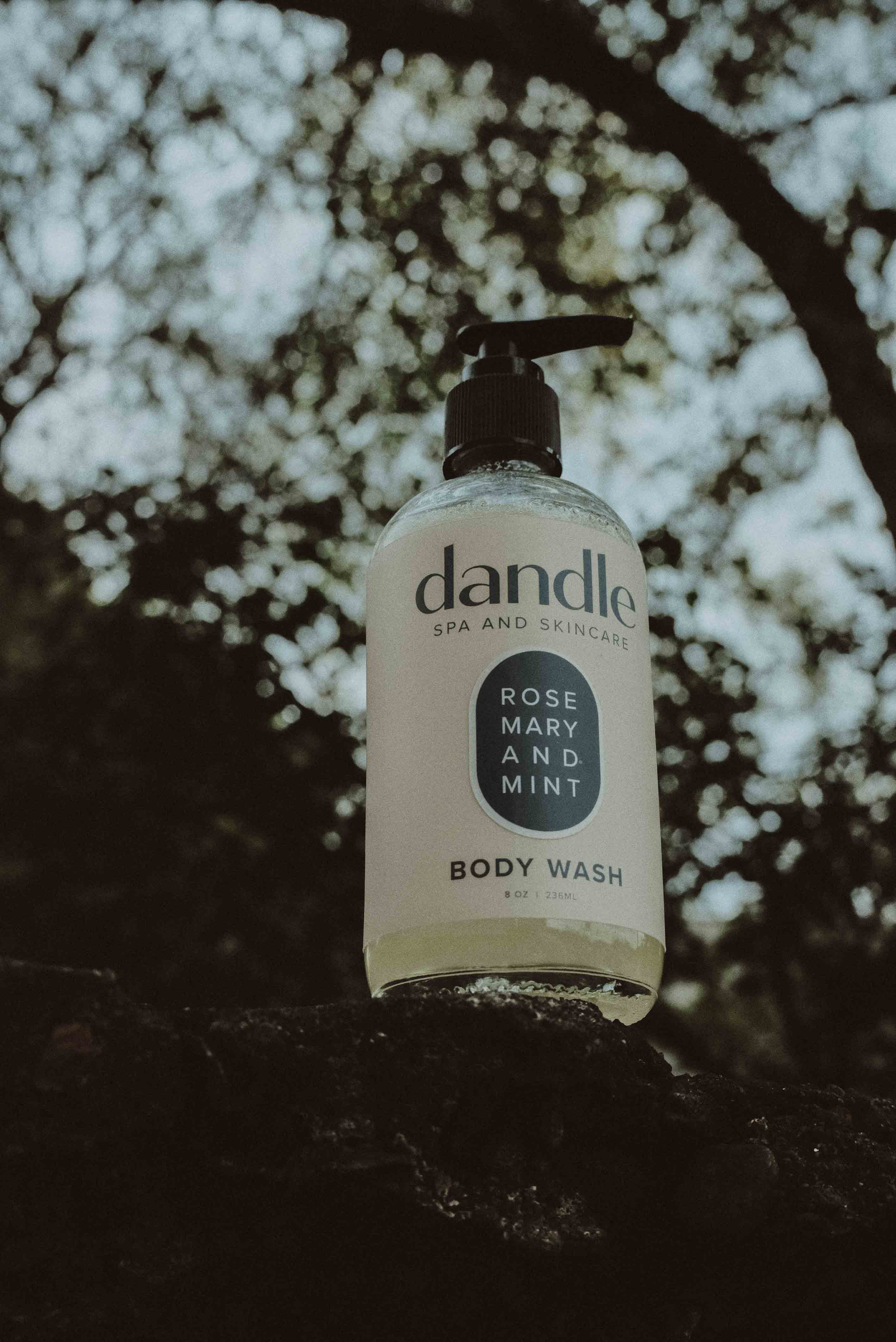 Dandle organic soap bottle with a tree in the background. Made in Chattanooga, TN. Sulfate-free, paraben-free, fragrance-free.