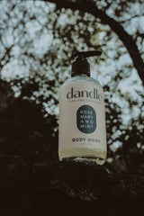 Dandle organic soap bottle with a tree in the background. Made in Chattanooga, TN. Sulfate-free, paraben-free, fragrance-free.