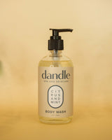 A bottle of Dandle Citrus and Mint Body Wash with a black pump dispenser and a cream-colored label, set against a warm beige background.