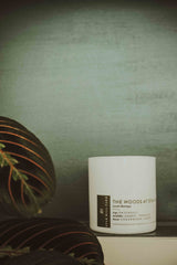 White candle labeled 'The Woods at Starlight' on a shelf with a green textured wall in the background.